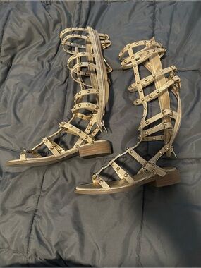 Kids Gladiator Studded Knee-High Sandals - Metallic Gold